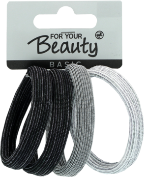 Zestaw 4 gumek do włosów w odcieniach czerni, szarości i bieli, ułożone przed opakowaniem 'For Your Beauty'.