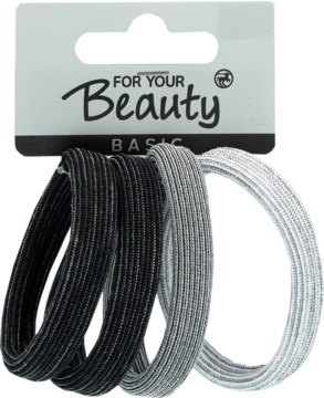 Zestaw 4 gumek do włosów w odcieniach czerni, szarości i bieli, ułożone przed opakowaniem 'For Your Beauty'.