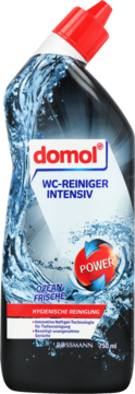 Domol WC-Reiniger Intensiv 750ml, ciemna butelka z grafiką wody, czerwona nakrętka, logo Power, widok z przodu.