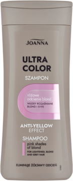 Joanna Ultra Color szampon, beżowa butelka z różowym akcentem, dla włosów blond i siwych, efekt anti-yellow.