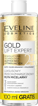 Eveline Gold Lift Expert, złoty płyn micelarny przeciwzmarszczkowy, butelka z napisem 100ml GRATIS, widok z przodu.
