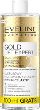 Eveline Gold Lift Expert, złoty płyn micelarny przeciwzmarszczkowy, butelka z napisem 100ml GRATIS, widok z przodu.
