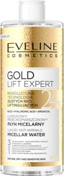 Eveline Gold Lift Expert 24K Luxury Anti-Wrinkle Micellar Water in clear bottle with gold label, front view.