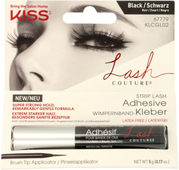 Kiss Lash Couture klej do rzęs czarny, w białym pudełku z tubką i aplikatorem pędzelkowym, widok z przodu.