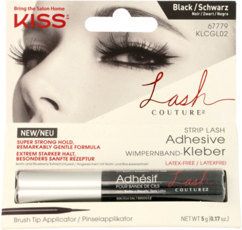 Kiss Lash Couture klej do rzęs czarny, w białym pudełku z tubką i aplikatorem pędzelkowym, widok z przodu.