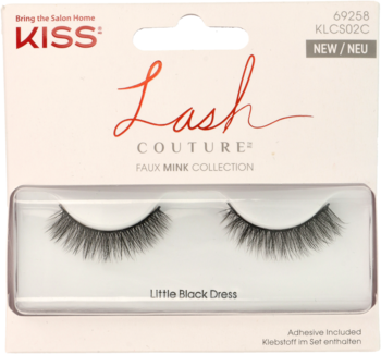 Opakowanie rzęs Kiss Lash Couture Faux Mink. Widok z przodu. Czarne rzęsy 'Little Black Dress' o efekcie futra norki.