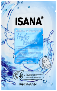 Błękitna maska w płachcie Isana Hydro Booster z kwasem hialuronowym, widok z przodu opakowania.