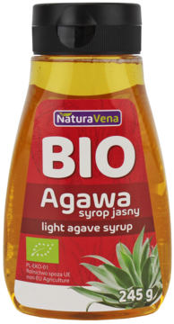 Natura Vena BIO Agawa syrop jasny light agave syrup 245g, przezroczysta butelka z czerwoną etykietą.