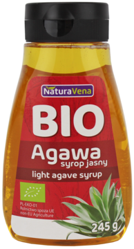 Natura Vena BIO Agawa syrop jasny light agave syrup 245g, przezroczysta butelka z czerwoną etykietą.