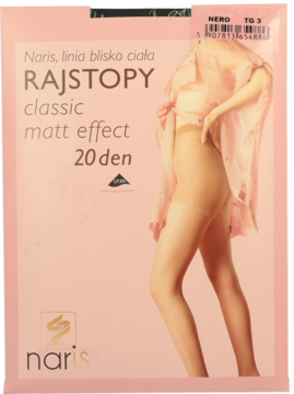 Opakowanie różowych rajstop damskich Naris Classic matt 20 den z modelką na froncie. Widok z przodu.