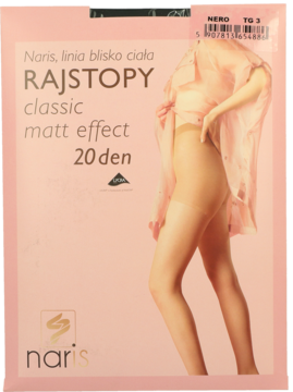 Opakowanie różowych rajstop damskich Naris Classic matt 20 den z modelką na froncie. Widok z przodu.