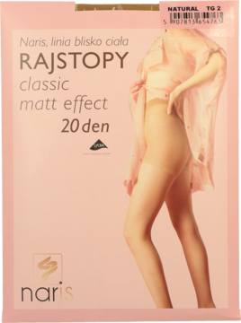 Różowe opakowanie rajstop Naris Classic Matt Effect 20 den, z modelem w cielistych rajstopach z przodu.