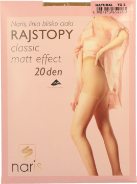 Różowe opakowanie rajstop Naris Classic Matt Effect 20 den, z modelem w cielistych rajstopach z przodu.