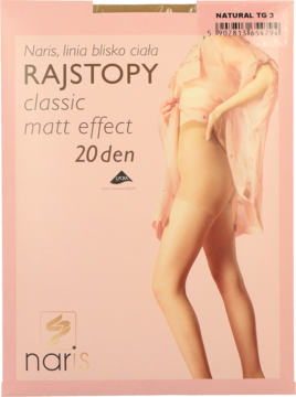 Różowe opakowanie rajstop damskich Naris Classic matt effect 20 den, kolor naturalny, widok z przodu.