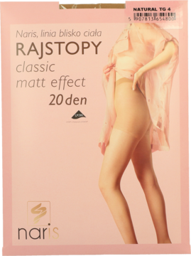 Naris rajstopy classic matt effect 20 den, różowe opakowanie z widoczną częścią nogi modelki.