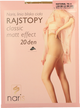 Naris rajstopy classic matt effect 20 den, różowe opakowanie z widoczną częścią nogi modelki.