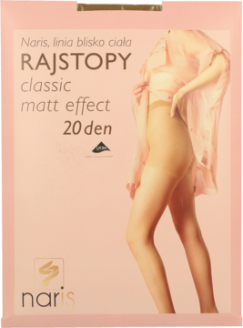 Różowe opakowanie damskich rajstop Naris classic matt effect 20 den. Widok z przodu, z modelem nóg.