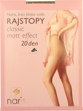 Różowe opakowanie rajstop Naris Classic Matt Effect 20 den z modelką prezentującą beżowe, półmatowe rajstopy.