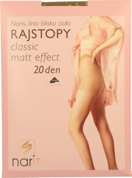 Opakowanie rajstop Naris classic matt effect 20 den, z modelką w cielistych rajstopach na różowym tle.