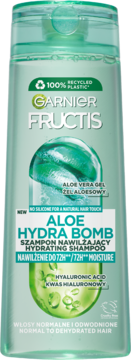 Garnier Fructis Aloe Hydra Bomb szampon nawilżający do włosów normalnych i odwodnionych, zielona butelka, widok z przodu.