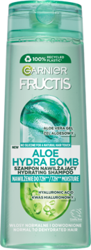 Garnier Fructis Aloe Hydra Bomb szampon nawilżający do włosów normalnych i odwodnionych, zielona butelka, widok z przodu.
