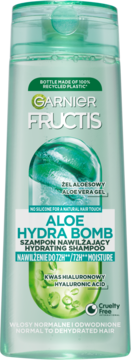 Garnier Fructis Aloe Hydra Bomb szampon nawilżający, zielona butelka z widocznym aloesem i kwasem hialuronowym.