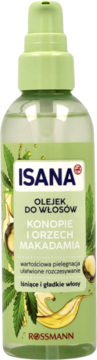 ISANA Olejek do włosów Konopie i Makadamia, przezroczysta butelka z zieloną etykietą, widok z przodu.