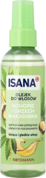 Isana Olejek do włosów Konopie & Makadamia 100ml w zielonej butelce z pompką, z przodu grafika liści i orzechów.