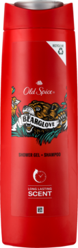 Czerwony Old Spice Bearglove Shower Gel + Shampoo, butelka z grafiką niedźwiedzia, długotrwały zapach, widok z przodu.