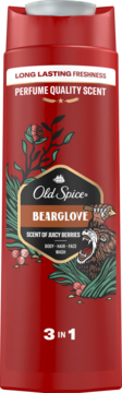Czerwony Old Spice Bearglove 3w1 żel do ciała, włosów i twarzy, z niedźwiedziem i jagodami, widok z przodu.