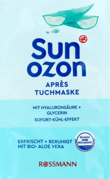 Sunozon Après Tuchmaske, biało-błękitne opakowanie z grafiką aloesu, napis "Sofort-Kühl-Effekt".