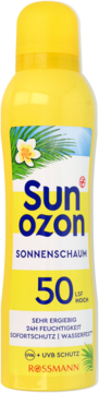 Żółta butelka pianki Sunozon SPF 50, widok z przodu, z tropikalną etykietą.