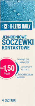 Pudełko soczewek B-Lens Daily -1.50 PWR. Opakowanie białe, z niebieskim logiem i tekstem, detale różowe. Widok z przodu.