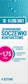 Opakowanie 4 jednodniowych soczewek B-Lens Daily -1.75 PWR, z zaokrąglonymi krawędziami i asferycznym kształtem.