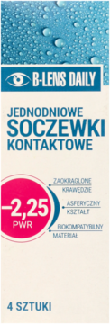 Front opakowania B-Lens Daily jednodniowych soczewek, moc -2.25, 4 szt. z opisem kształtu i materiału.