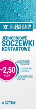Opakowanie jednodniowych soczewek B-LENS DAILY -2,50 PWR. Widok z przodu, białe z niebieskimi kroplami wody, 4 sztuki.