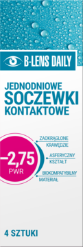 Opakowanie 4 jednodniowych soczewek kontaktowych B-Lens Daily, moc -2.75 PWR. Widok z przodu, z kluczowymi cechami.