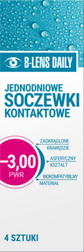 Białe opakowanie soczewek B-Lens Daily jednodniowych (4 sztuki), moc -3.00 PWR. Niebieskie detale.