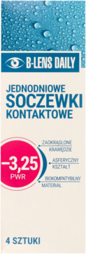 Opakowanie soczewek B-Lens Daily jednodniowych, moc -3.25, 4 sztuki. Widok z przodu, biało-niebieskie z kroplami wody.