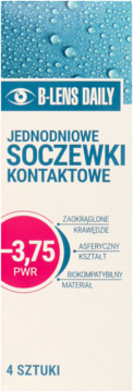 Opakowanie B-Lens Daily jednodniowych soczewek kontaktowych -3.75 PWR, 4 szt., biało-niebieskie, widok z przodu.