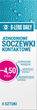 Opakowanie 4 jednodniowych soczewek B-LENS DAILY, moc -4.50 PWR, białe, z niebieskim nagłówkiem i różowym kółkiem.