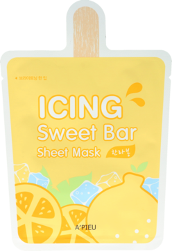 Żółta maseczka A'PIEU ICING Sweet Bar Sheet Mask Hanrabong, opakowanie w kształcie loda, widok z przodu.