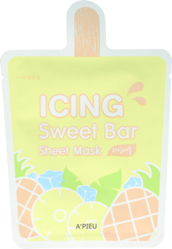 A'PIEU ICING Sweet Bar nawadniająca maseczka w płachcie z ananasem, żółta saszetka w kształcie loda na patyku.