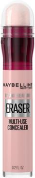 Maybelline Instant Age Rewind Eraser Multi-Use Concealer w różowym opakowaniu, z widoczną gąbką, widok z przodu.