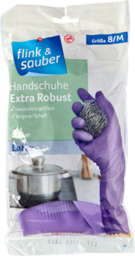 Flink & Sauber Extra Robust purple household gloves in clear packaging, one glove holds a metal scrub pad, size 8/M.