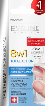 Eveline 8w1 Total Action Intensive Nail Hardener, odżywka do paznokci w białym pudełku, widok z przodu.