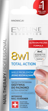 Eveline 8w1 Total Action Intensive Nail Hardener, odżywka do paznokci w białym pudełku, widok z przodu.