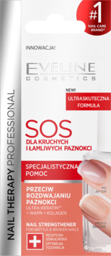 Białe opakowanie Eveline SOS Nail Strengthener do kruchych paznokci, z czerwonymi detalami, widok z przodu.