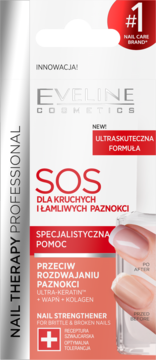 Białe opakowanie Eveline SOS Nail Strengthener do kruchych paznokci, z czerwonymi detalami, widok z przodu.