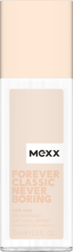 Mexx Forever Classic Never Boring, damski dezodorant w białej butelce aerozolu z beżową etykietą, widok z przodu.